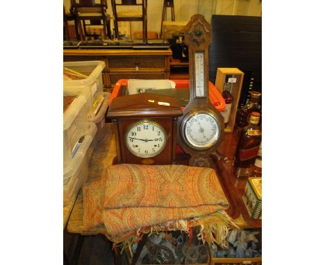 Edwardian Mahogany Mantel Clock, Aneroid Barometer and Faulty Paisley Shawl
