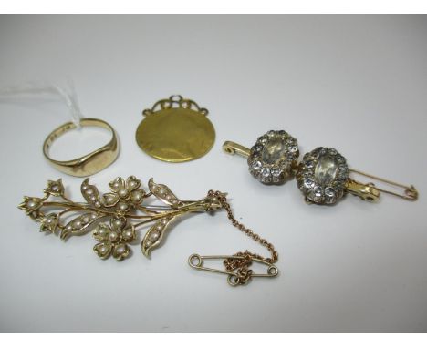 9ct Gold Seed Pearl Brooch, 9ct Gold Ring, Gem Set Brooch and a Georgian Coin Pendant, 21.57g total