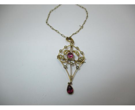 Art Nouveau 9ct Gold Pendant/Brooch Set with Garnets and Seed Pearls with 9ct Gold Shaped Open Link Neck Chain, 4.4g