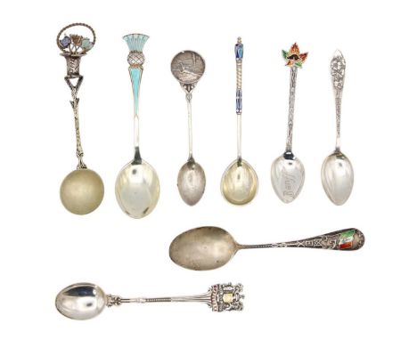A collection of eight silver teaspoons. To inlcude a Russian Imperial enamel teaspoon, workmaster HC, 84 standard mark, lengt