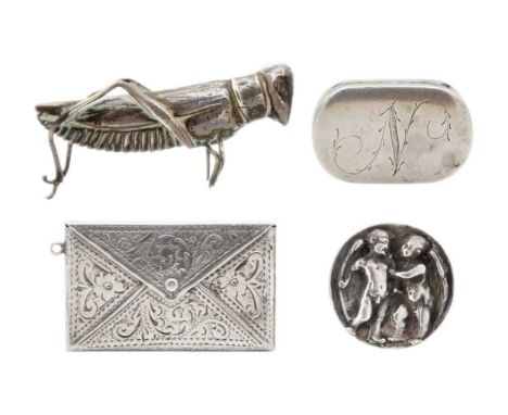 A selection of four small silver items. To include a George III vinaigrette by John Shaw, Birmingham 1810, length 32mm (lacks