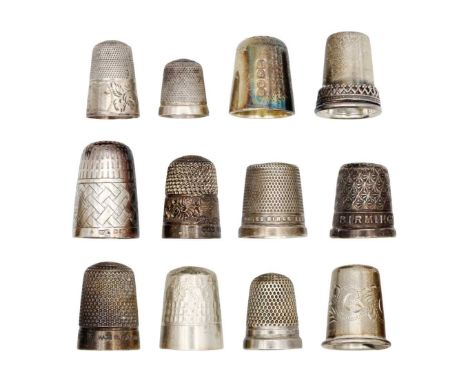 A collection of twelve silver thimbles. To include a modern Prince of Wales commemorative, London 1981, another inscribed 'BI