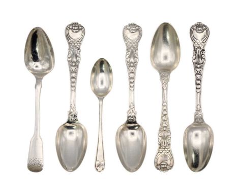A Coburg Pattern teaspoon by Paul Storr, London 1818; and three other King's pattern teaspoons. The other three are Coburg pa