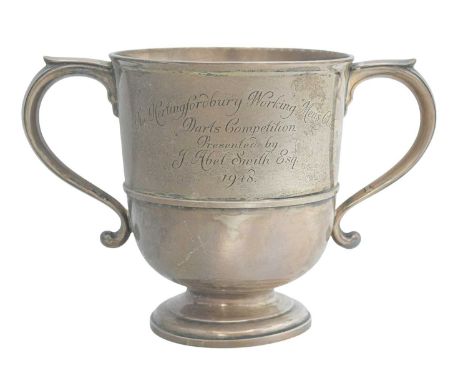 A Victorian silver twin-handled pedestal trophy cup by Atkin Brothers. With engraved dedications, Sheffield 1895, height 14cm