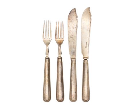 A Victorian silver part set of fish knives and forks with filled handles by Martin, Hall & Co. The blades and prongs hallmark