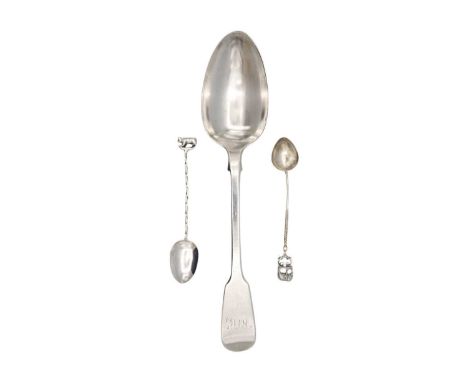A Victorian silver fiddle pattern table spoon by Mary Chawner, and two demitasse spoons. The Victorian table spoon engraved '