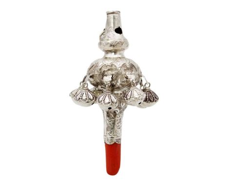 An early Victorian silver baby's rattle by James Collins. Applied with eight fancy bells, with coral teether, Birmingham 1850