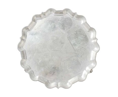 A George V silver piecrust salver by Thomas Bradbury & Sons Ltd. Engraved with dedications from Prince of Wales Own West York