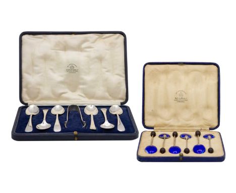 A set of six silver George V silver and blue guilloche enamel demitasse coffee bean spoons. By William Suckling Ltd, Birmingh