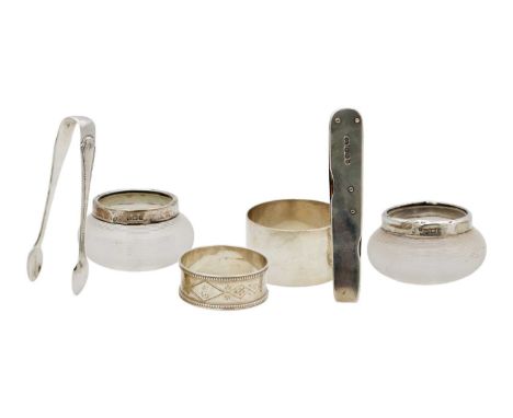 A selection of small silver items. To include a silver mounted folding combination pocket knife by John Biggin, Sheffield 192