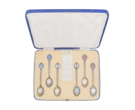 A cased set of six George VI silver & enamel 1936 Royal Commemorative teaspoons by W H Haseler Ltd. Comprising King George V 