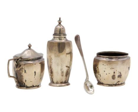 A modern silver three-piece cruet set by S J Rose & Son. Of oval facetted form, London 1956; together with a Victorian provin