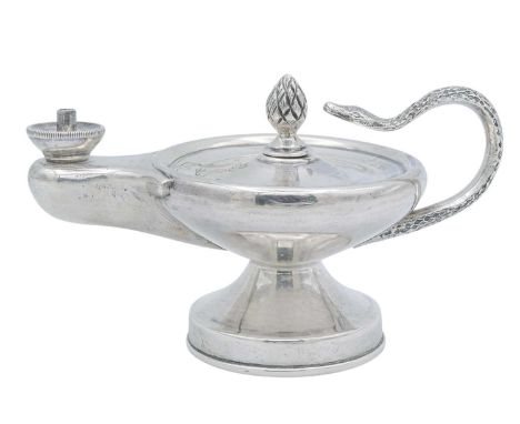 A Victorian silver cigar lamp with a cast serpent handle, by Joseph Braham. London 1894, height 7cm, 5.31 oz.Engraved armoria