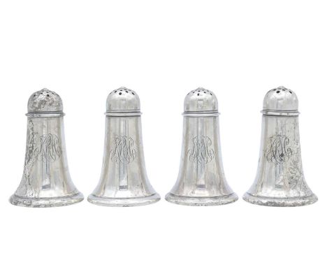 Four Gorham Sterling silver pepperettes for J.E. CALDWELL & Co. Of a cylindrical tapering shape, height 7.5cm, total weight 6