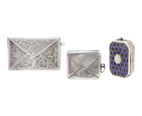 A selection of three silver items. Including a Chinese export white jadeite and enamel sniff box pendant, a double post stamp