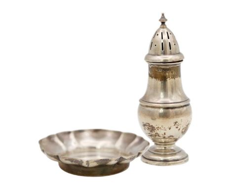 A George VI silver baluster sugar caster by Elkington & Co, and a modern silver pin tray. The sugar caster hallmarked Birming