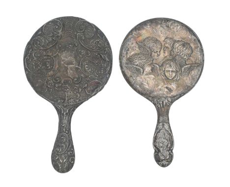 A Victorian silver mounted ink blotter and two silver hand mirror mounts. The ink blotter by Rosenthal, Jacob &amp; Co, Londo