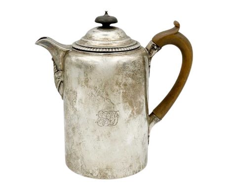 An unusual George III silver cylindrical coffee pot by Thomas & Joseph Guest & Joseph Craddock. With egg and dart rim and lea