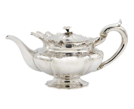 A good William IV silver teapot by Benjamin Smith II. Of squat lobed pedestal form with flower applied finial and leaf cast a