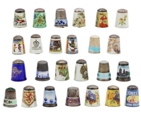 A good collection of 25 silver and enamel thimbles. Including a Jones Sewing Machines advertising, two for Colman's Mustard, 