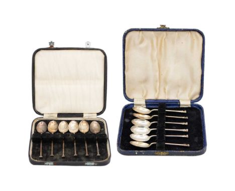 Two cased sets of six silver nail-head teaspoons. One is made by Mappin &amp; Webb, Sheffield 1923, the other by Oliver &amp;