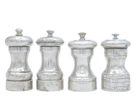 Two matched pairs of silver salt & pepper grinders. Including one by John Bull Ltd, London 1992 and C S R Ltd, London 1978; a