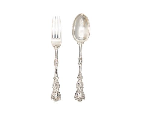 A cased Victorian silver fork and spoon set by Mappin & Webb. With foliate scroll and trellis cast decoration, London 1888, l