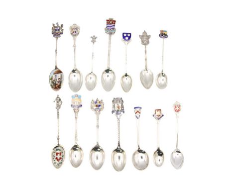 A collection of 12 British & continental silver and enamel souvenir teaspoons, and two others in silver. Various hallmarks an