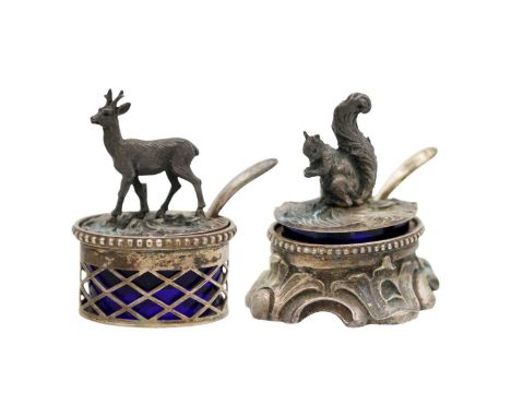 Two Italian .800 silver figural salts. One is naturalistically cast with a squirrel cover, the other a deer, both stamped wit