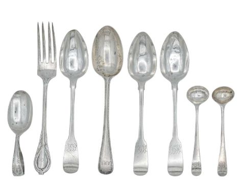 A set of three George III Irish silver fiddle pattern teaspoons by Stephen Bergin, and other silver flatware. The three teasp