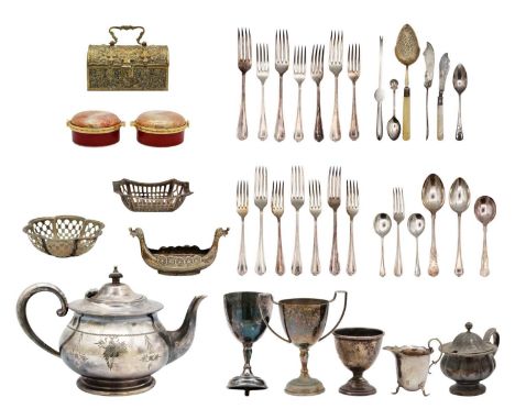 A selection of silver-plated wares, and other metal wares. To include a novelty silver-plated cigarette case engraved as a On