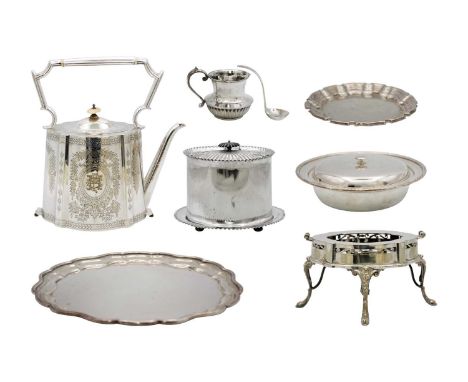 A collection of silver-plated wares. To include a Victorian spirit kettle on stand with ivory finial and insulators, height o
