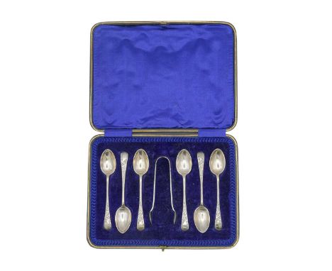An Edwardian cased set of six silver teaspoons and tongs by Joseph Rodgers & Sons. Sheffield 1910, 3.22 oz.