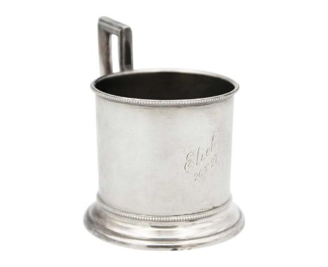 A Finland .813 silver christening mug. Of cylindrical beaded form, stamped marks and date letters for 1925, engraved dedicati