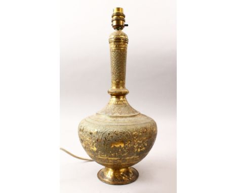 A 19TH / 20TH CENTURY CHASED BRASS PERSIAN VASE / LAMP, the b ody of the lamp with chased decoration of animals, amongst prof