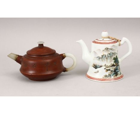 TWO CHINESE TEAPOTS - YIXING CLAY - REPUBLIC STYLE PORCELAIN, the lot consiting of one 20th century chinese yixing clay teapo