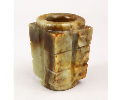 A GOOD 18TH / 19TH CENTURY OR EARLIER CHINESE CARVED JADE CONG VASE, of square and cylindrical form, 9.5cm high x 7cm square.