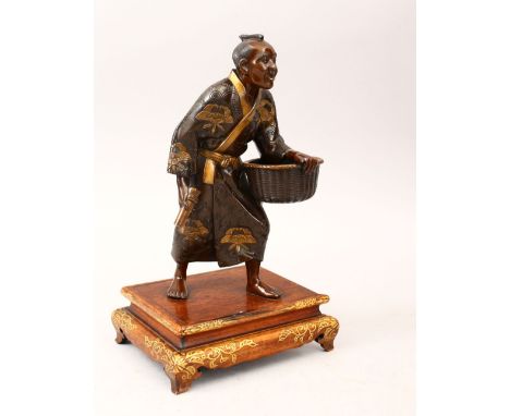 A GOOD JAPANESE MEIJI PERIOD PARCEL GILT BRONZE OKIMONO OF A BASKET WEAVER, attributed to "Miyao Eisuke", the man in a stridi