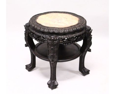 A GOOD 19TH CENTURY CHINESE HARDWOOD &amp; MARBLE TOP PLANT STAND, the top inset with marble, the surrounding frame deeply ca