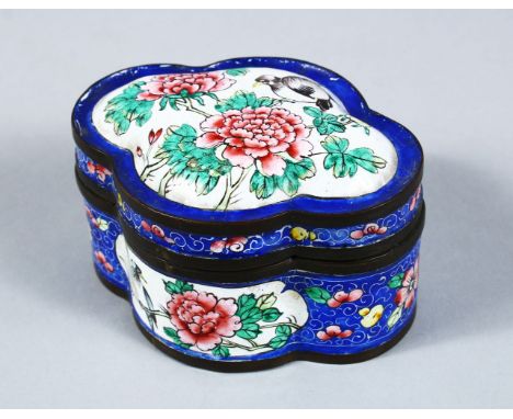 A 19TH CENTURY CHINESE ENAMEL BOX AND COVER, the lid with a panel scene of birds amongst flora, upon a blue round with smalle