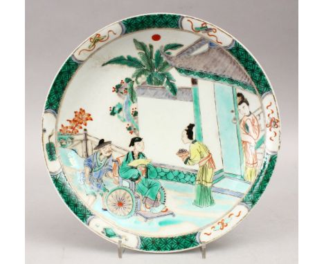 A GOOD CHINESE KANGXI STYLE FAMILLE VERTE PORCELAIN DISH, the dish decorated with scenes of figures in a balcony setting, wit