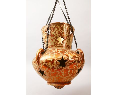 AN UNUSUAL 18TH CENTURY SPANISH LUSTREWARE HANGING PORCELAIN MOSQUE LAMP, decorated with gold scenes of scrolling flora and s