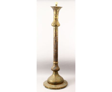 A GOOD 19TH / 20TH CENTURY PERSIAN COPPER CALLIGRAPHIC LAMP, the lamp with openwork design with chased calligraphy, fitted wi