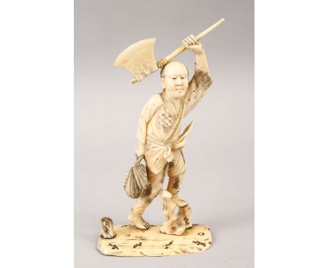 A JAPANESE MEIJI PERIOD CARVED IVORY OKIMONO OF A WOOD CUTTER, the okimono carved depicting a man upon a stump base with his 