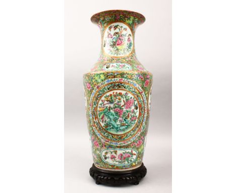 A FINE 19TH CENTURY CHINESE CANTON FAMILLE ROSE PORCELAIN VASE, the body of the vase with panel decoration depicting birds am