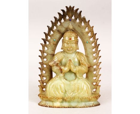 A LOVELY CHINESE CARVED JADE AND INLAID TURQUOISE &amp; STONE BUDDHA / DEITY, in a seated position in meditation pose, 22.5cm