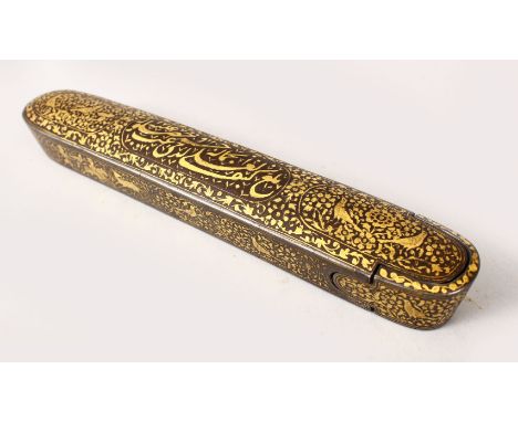 A VERY FINE QUALITY 16TH / 17TH CENTURY SAFAVID CALLIGRAPHIC IRON &amp; GILT DECORATED PIN / PEN BOX, the box decorated with 