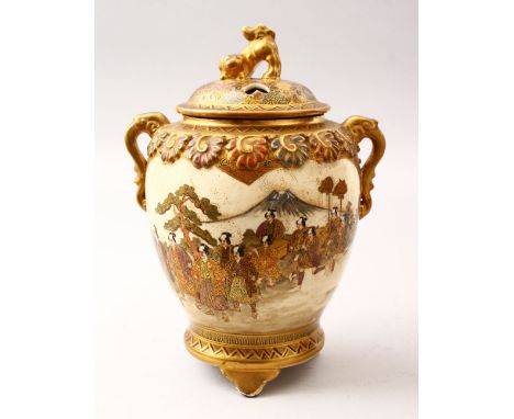 A GOOD JAPANESE MEIJI PERIOD SATSUMA LIDDED KORO, the body of the koro with tin moulded handles and moulded relief floral bor