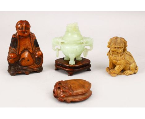 A GOOD 19TH / 20TH CENTURY CHINESE CARVED CELADON JADE LIDDED CENSER &amp; COVER, the little censer with carved lion dog head