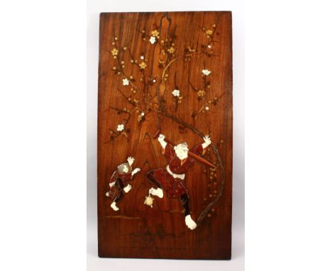 A GOOD JAPANESE MEIJI PERIOD SHIBAYAMA PANEL, the wooden panel decorated to depict scenes of a man and woman aside a prunus t